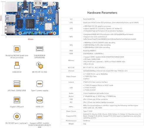 RK3566 Quad Core 64 Bit Single Board Computer 3B 2G V2.1 Version, 1.8 GHz, WiFi Bluetooth, Open Source Board for Orange
