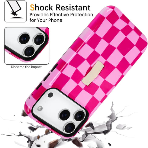 SOKAD 17 Checkered Phone Case for iPhone Pro Max with Finger Strap Kickstand, Cute Grids Plaid Checkerboard Pattern