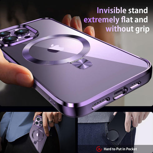 Magnetic iPhone 14 Pro Case with Invisible Stand, Compatible with MagSafe, Slim Clear Design with Electroplated Bumper,