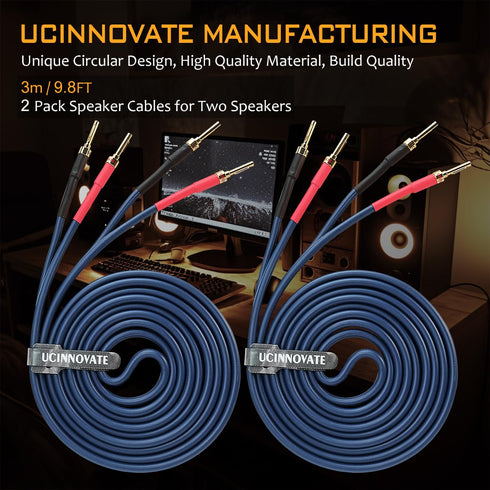 UCINNOVATE Bi-Wired Speaker Cable with Pin Banana Plugs, 13 AWG 2 Pack 9.8Ft Speaker Wire with Gold-Plated Plugs,