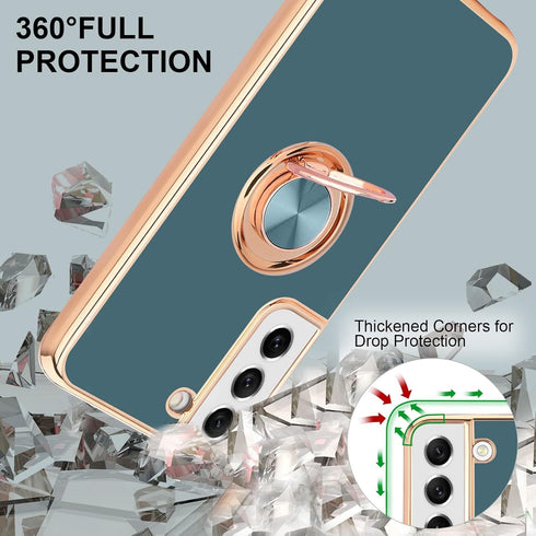 Samsung Galaxy S21 Case Compatible, Grey Finger Ring Holder with Rose Gold Plating Design, Rotating Kickstand