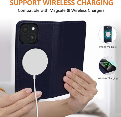 Wallet Case for iPhone 15 Plus - Dark Blue, Genuine Leather Flip Folio, Compatible with MagSafe, RFID Blocking