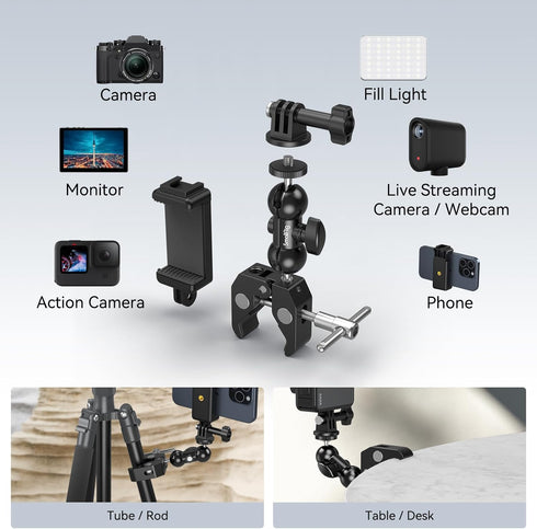 SMALLRIG Camera Mount Clamp Kit, Ball Head Magic Arm with Clamp for GoPro, Webcam, Camera, Phone, and Light