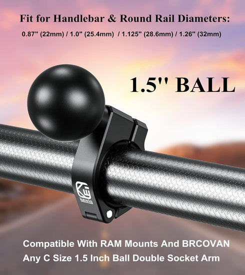 BRCOVAN Aluminum Alloy Handlebar Clamp Mount Base with 1.5'' TPU Ball, Fits 0.875''-1.26'' Round Rails
