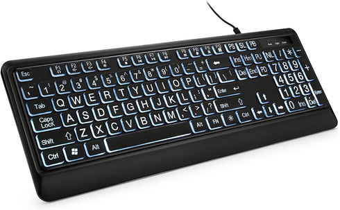 Large Print Backlit Keyboard, Quiet USB Wired Computer Keyboard, Full Size with White Illuminated LED for Windows