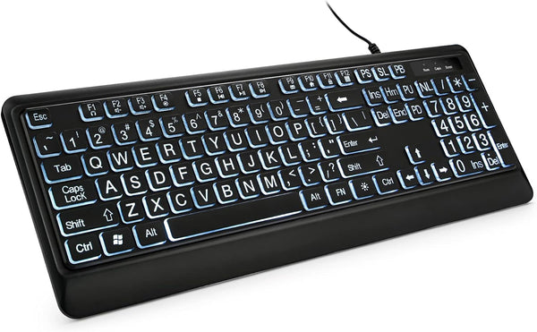 Large Print Backlit Keyboard, Quiet USB Wired Computer Keyboard, Full Size with White Illuminated LED for Windows