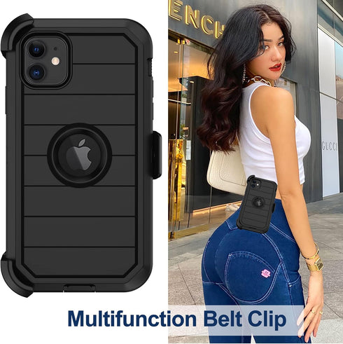 iPhone 12/12 Pro Case - Heavy Duty Rugged Cover with Belt Clip Holster & 2X Screen Protector (Black B)