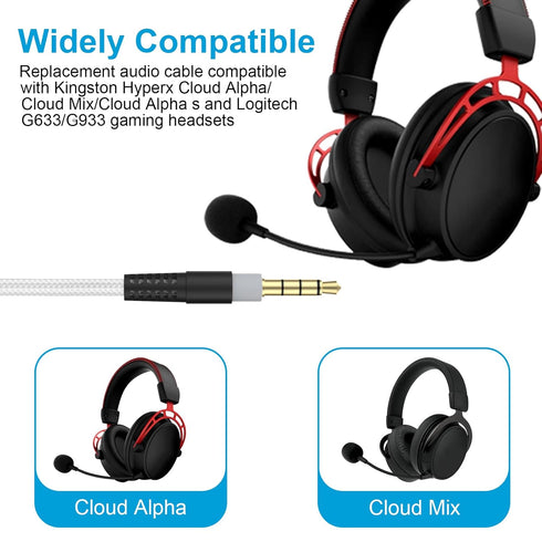 Cloud Alpha Cable Replacement Audio Aux Cord Compatible with HyperX Cloud Alpha Cloud Mix Cloud Alpha S Logitech G633 G933 Gaming Headsets with Mute & Volume Control (No Mic,White)