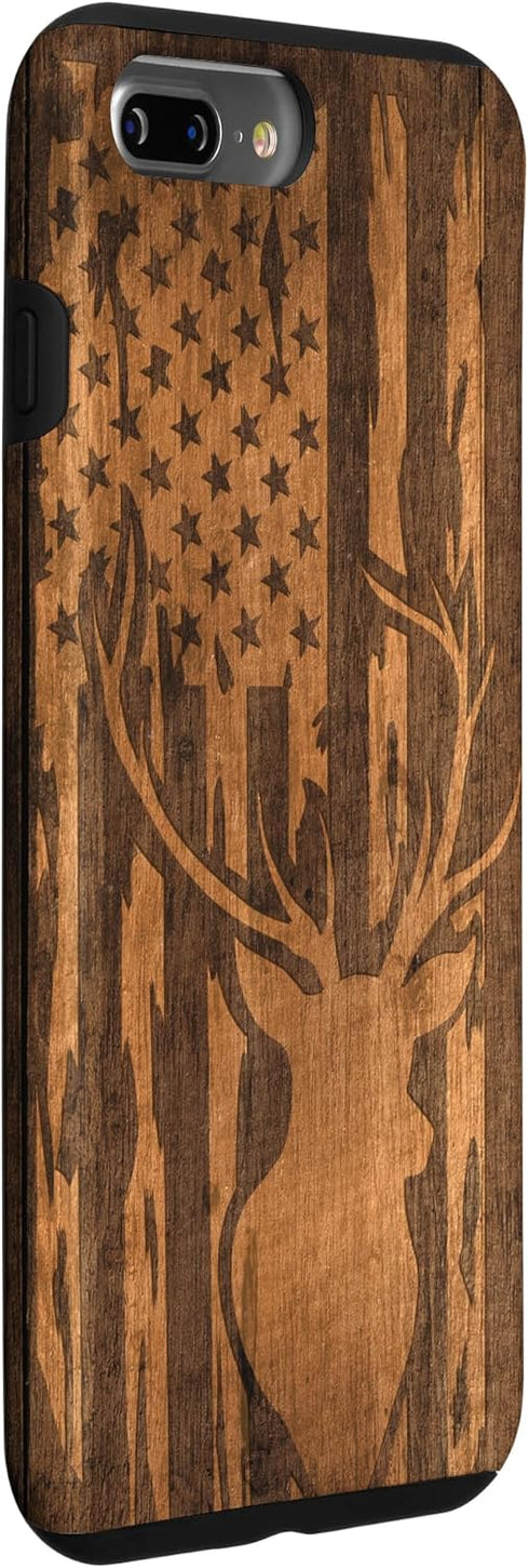 iPhone 7 Plus/8 Plus Case, Deer Buck with Flag on Wood-like Background