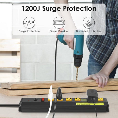 JUNNUJ Heavy Duty Metal Power Strip 20 Amp, 6 Outlet Surge Protector with Circuit Breaker