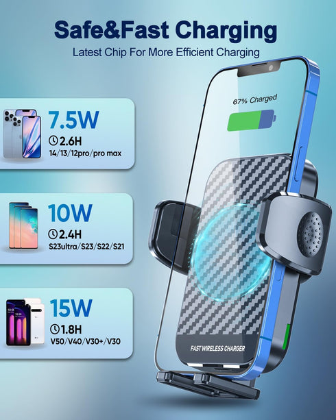 Wireless Car Charger, 15W Fast Charging Phone Holder Mount for iPhone 14/13/12 Mini Pro Max 11 XR XS X, Samsung Galaxy