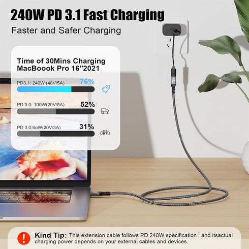 20Gbps USB C 3.2 Extension Cable, Type-C Male to Female Extender, Ultra HD 4K@60Hz, 240W Charging, Compatible with