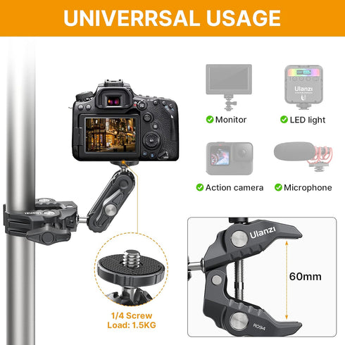 R094 Super Clamp Multi-Functional Camera C Clamp Mount, 1/4" Ball Head Monitor Mount for Video Shooting