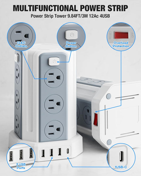 Power Strip Surge Protector, 10 Ft Extension Cord with 12 AC Outlets, 4 USB (1 USB C), White Desktop Charging Station