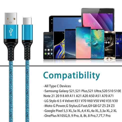 Fast Charging USB Type C Cable 6FT 2-Pack for Samsung Galaxy S24 S23 S22 S21 S20 Ultra, Note 20, OnePlus, Google Pixel.