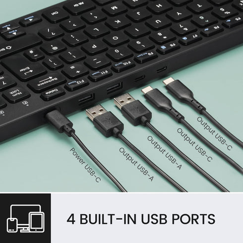 Perixx PERIBOARD-215B US Wired Keyboard, Ultra Slim Scissor Keys, 2 USB-A & USB-C Ports, Detachable Cable, Black