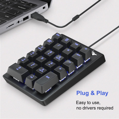 Rottay 22 Number Pad, Mechanical USB Wired Numeric Keypad with Blue LED Backlit Key Numpad for Laptop Desktop Computer