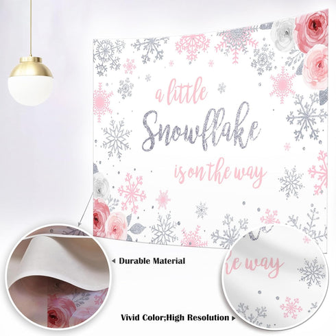 Mocsicka Snowflake Baby Shower Backdrop, Winter Wonderland Photography Background, Pink & Silver Snowflakes