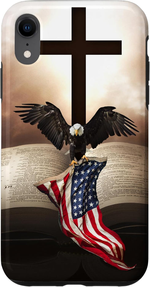 iPhone XR Pretty Christian Cross Bible A Bald Eagle Grip Case with American Flag