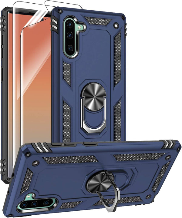 Samsung Galaxy Note 10 Case with HD Screen Protectors, Military-Grade Metal Ring Holder Kickstand, Shockproof Cover