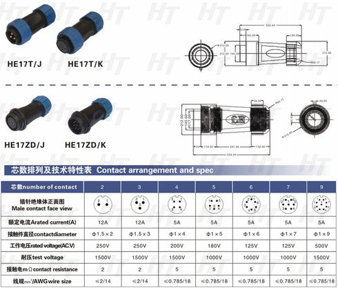 HangTon HE17 6 Pin Male Cable Plug, Outdoor Waterproof Circular Power Connector