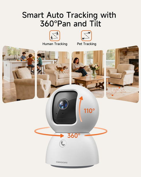 CINMOORE 5MP 64GB 3K 360 2-Way 2.4G 5G Camera for Home Security, Free SD Card, Non-Subscription AI Human/Pet/Facial