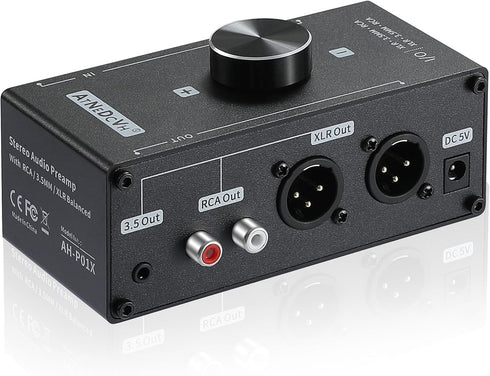 Stereo Audio Preamplifier - Black XLR Balanced RCA 3.5mm Input/Output Converter Adapter, Gain 20dB Phono Preamp