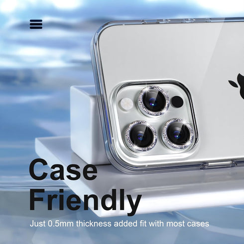 iPhone 15 Pro/Pro Max Camera Lens Protector Bling - 9H Tempered Glass, Metal Ring, Silver Glitter Decoration Accessory.