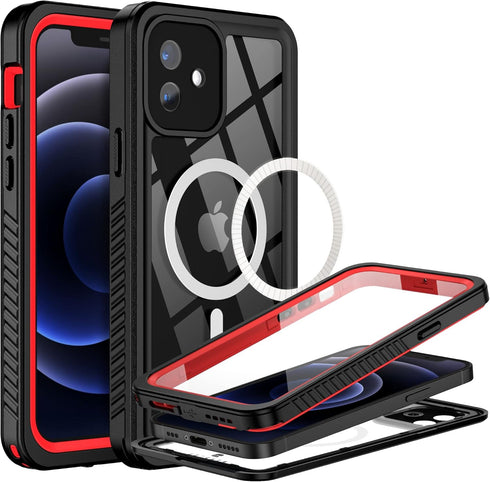 BEASTEK Waterproof Case for iPhone 12, FSN Series IP68 Magnetic Shockproof with Built-in Screen Protector, Red