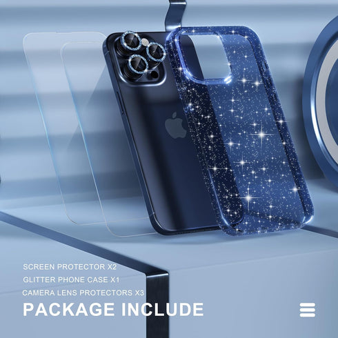 Choiche iPhone 15 Pro Max Case - Cute Clear Glitter Bling, 6.7" (Glitter Blue) + 3 Diamond Lens Protectors & 2 Glass