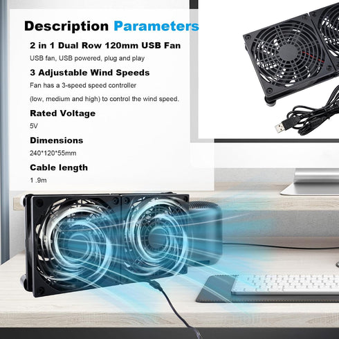 120mm 5V, 3-Degree Quiet Dual USB Fan Dual-Ball Bearings, USB Fan with L/M/H Speed Controller High Airflow Cooling Fan