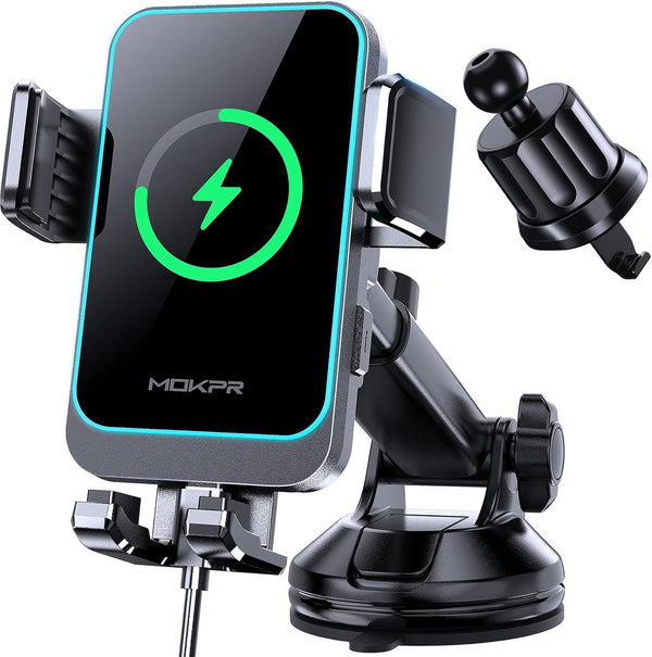 Wireless Car Charger, MOKPR 15W Fast Charging Auto Clamping Car Phone Holder for iPhone 15/14/13/12 Pro Max