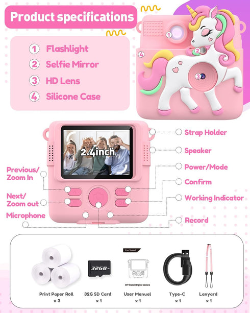 Kids Camera Instant Print - 1080P Digital Camera Toy with 32GB SD Card, Silicone Cover, Pink, Creative Gifts for Girls