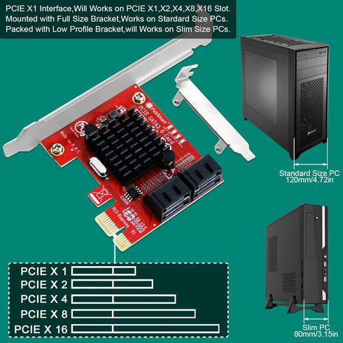 PCIE 3.0 to 4-Ports SATA III Expansion Card for Desktop PCs, Plug and Play for Windows, MAC, Linux