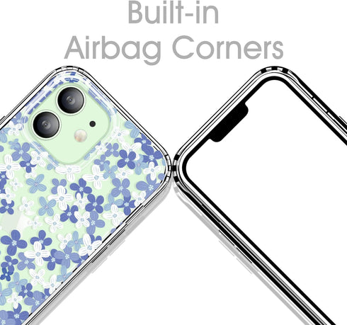 for iPhone 12 Case and iPhone 12 Pro Case Clear 6.1 Inch with Pattern Design, Protective Slim TPU Cover + Shockproof Bumper for Women and Girls (Tiny Flowers/Blue)