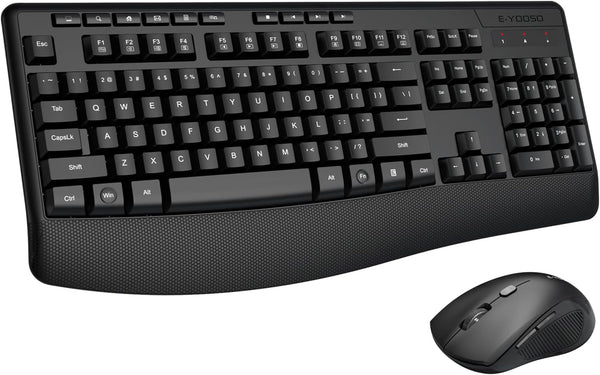 E-YOOSO Wireless Keyboard and Mouse Combo - 2.4GHz Full-Sized Ergonomic Keyboard with Wrist Rest, USB Mouse