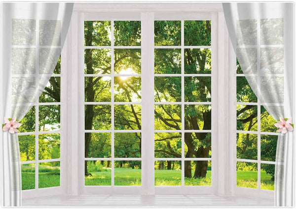 Allenjoy 7x5ft Spring Window Scenery Photography Backdrop - White Windowsill Floral Green Forest for Baby Photo Shoot