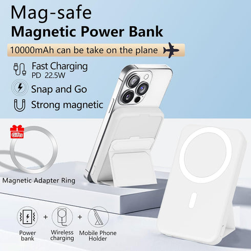 Wireless Magnetic Power Bank - 10000mAh Mag-Safe Battery Pack with Foldable Stand for iPhone 16/15/14/13