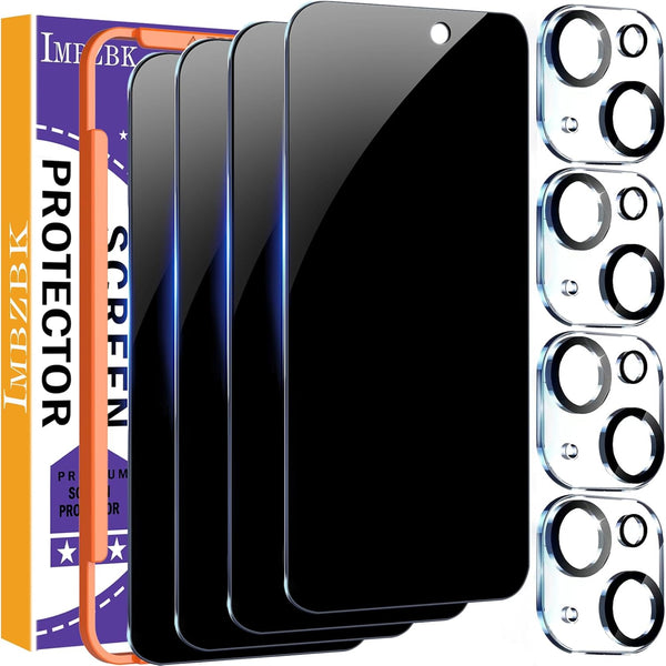 IMBZBK Privacy Screen Protector for iPhone 15 Plus - 4 Pack Tempered Glass & Camera Lens Protectors, 9H Anti-Spy, Case