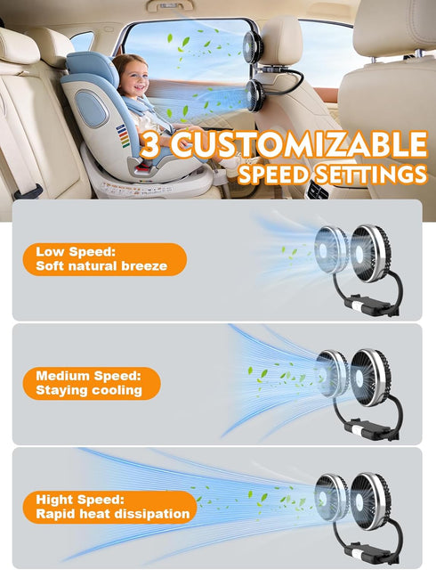 5V/2A 360 3 3.54"-5.9" USB Powered Backseat Car Fans for Kids & Baby - Dual-Head Cooling Car Fan with Independent