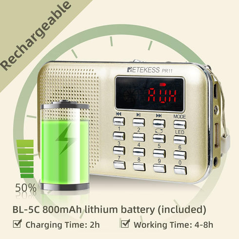 Retekess PR11 Portable AM FM Radio, Rechargeable Transistor Radio with Headphone Jack and MP3 Support (Gold)