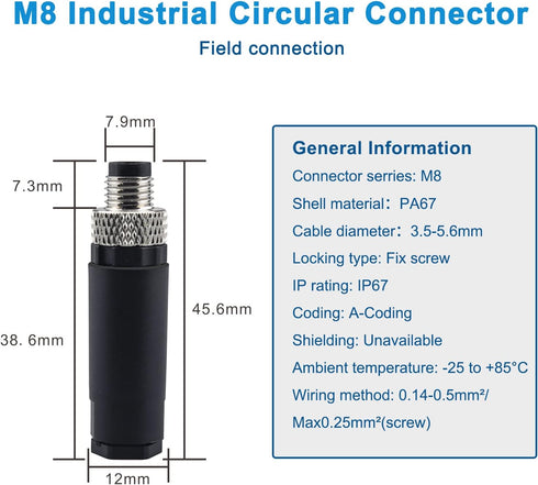 Industrial Sensor Connector Plug, Lonlonty M8 Connector 3-Pin A Coding UTP IP67 Waterproof Adapter
