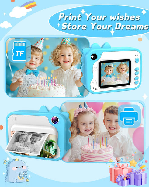 Kids Instant Print Camera, 1080p Ink Free Printing Dinosaur Camera for Ages 3-12, Christmas Birthday Gifts, Blue