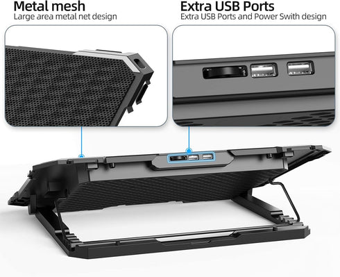 Upgrade Laptop Cooling Pad, Gaming Laptop Cooler with 5 Quiet Fans, 2 USB Ports, 5 Adjustable Heights, Blue LED Lights