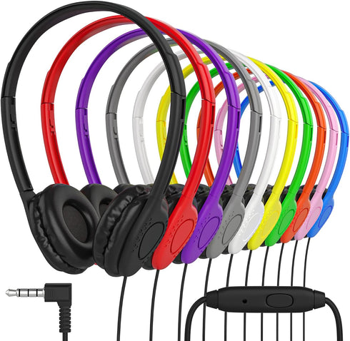 Maeline Bulk Classroom Student Headphones with Microphone, On-Ear Stereo Headphones for Kids, 20 Pack
