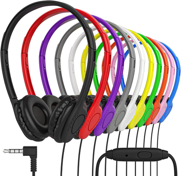 Maeline Bulk Classroom Student Headphones with Microphone, On-Ear Stereo Headphones for Kids, 20 Pack