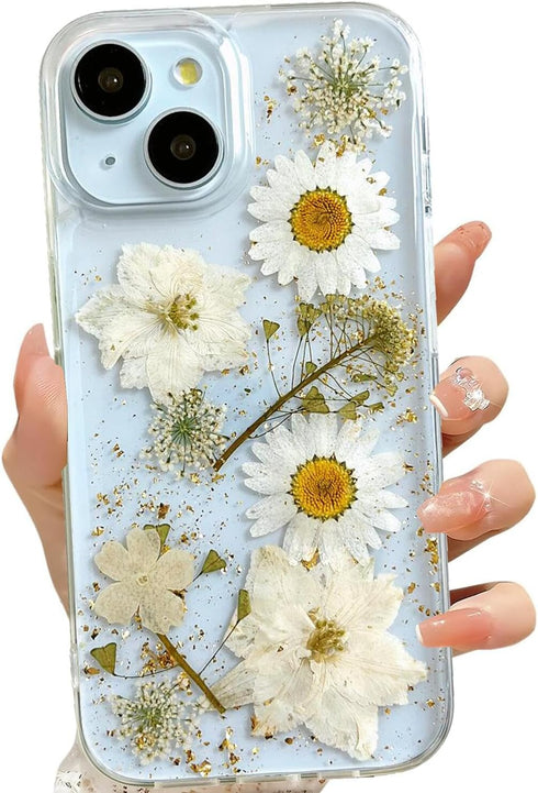 Clear Case for iPhone 13/14/15 with Pressed Real Flowers Design, Glitter Cute White Floral Pattern Soft TPU Cover