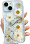 Clear Case for iPhone 13/14/15 with Pressed Real Flowers Design, Glitter Cute White Floral Pattern Soft TPU Cover