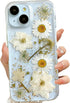 Clear Case for iPhone 13/14/15 with Pressed Real Flowers Design, Glitter Cute White Floral Pattern Soft TPU Cover