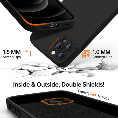 iPhone 12 Pro Case - Black Liquid Silicone Shockproof, Enhanced Camera Protection, Soft Microfiber Lining, 6.1" for All.